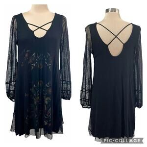 Scrapbook Black Sheer Lace Overlay Dress Crisscross Neckline Sz MED Whimsygoth